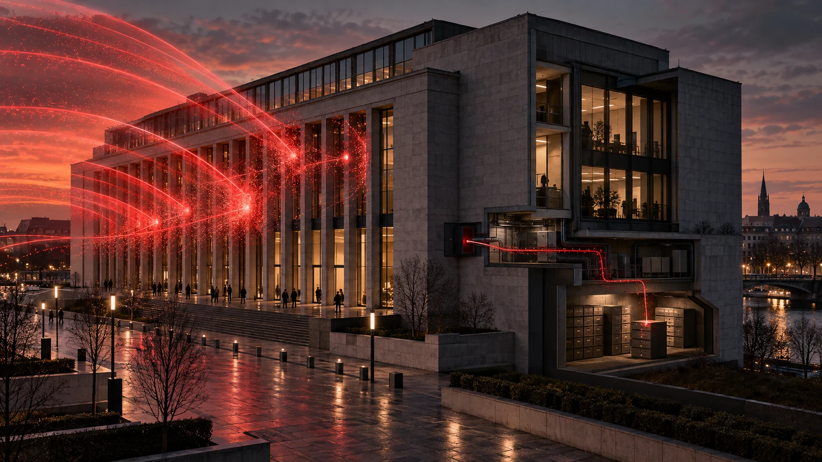 Un edificio pubblico europeo è investito da molte onde digitali rosse, mentre un fascio più sottile raggiunge dati e servizi essenziali al suo interno.